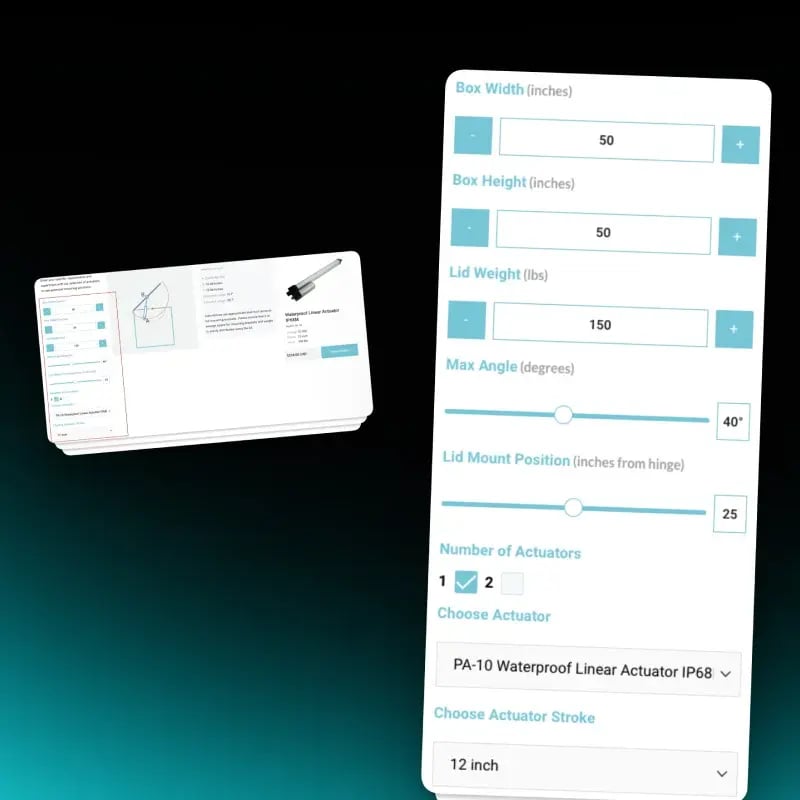 Angled Shopify actuator sizing calculator card with box, lid weight, and max angle inputs