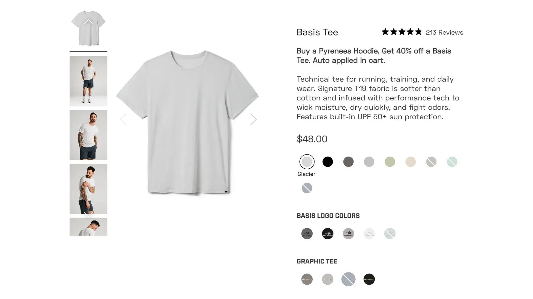 Shopify product page for a tee with solid color, logo and graphic variation swatches grouped on one PDP