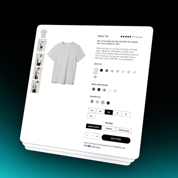 Shopify unified product page combining solid, logo and graphic tee variations with size and style options