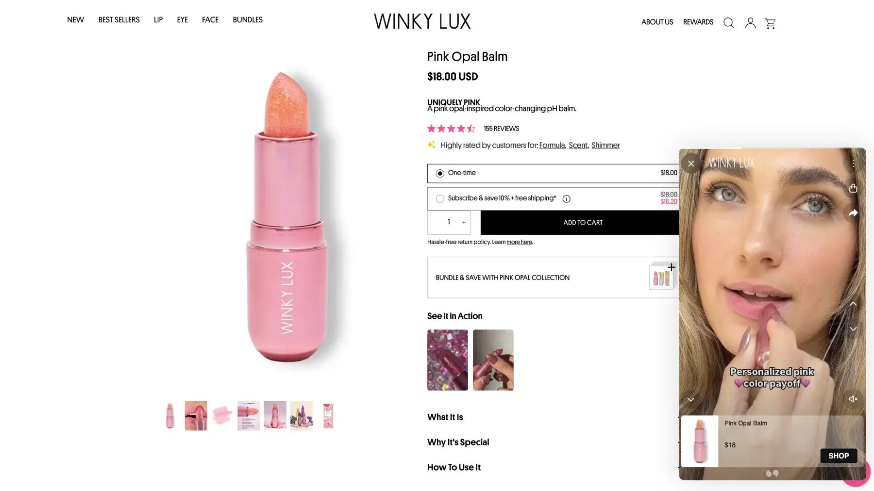 Winky Lux Shopify product page for Pink Opal Balm with a shoppable UGC video overlay and a Shop button