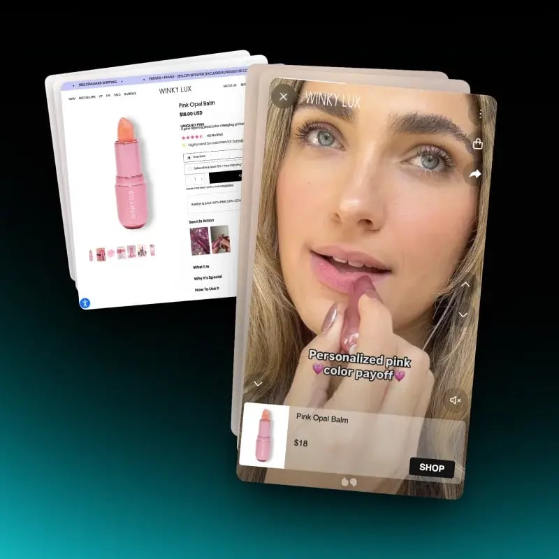 Angled Winky Lux product page layered with a vertical shoppable UGC video and a $18 Pink Opal Balm card