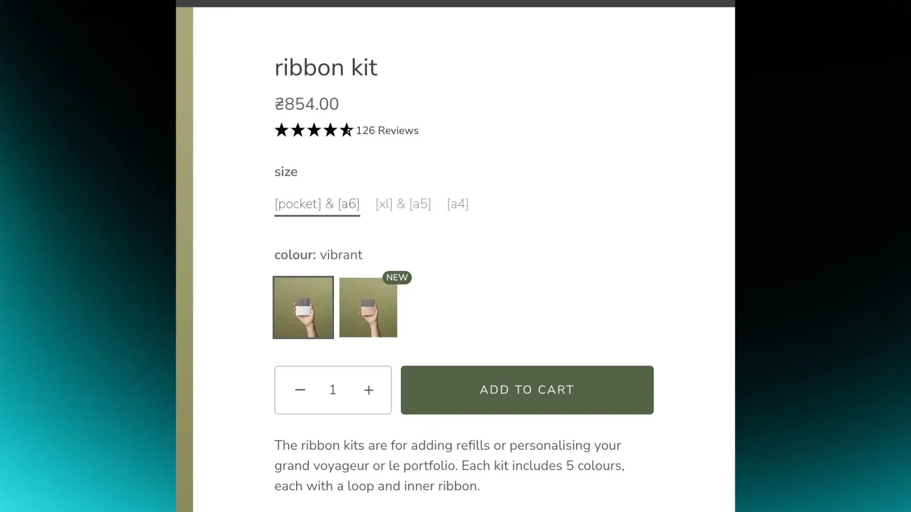 Shopify product page with a NEW badge on one color swatch of a ribbon kit, tagged at the variant level