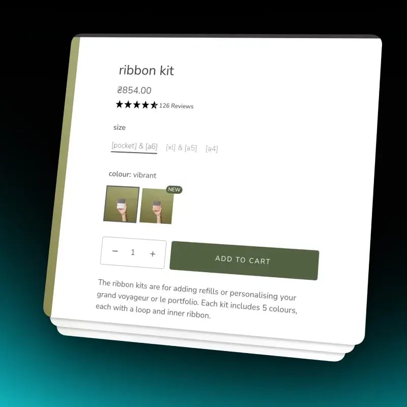 Shopify product page showing a NEW tag on a specific variant swatch among the color options
