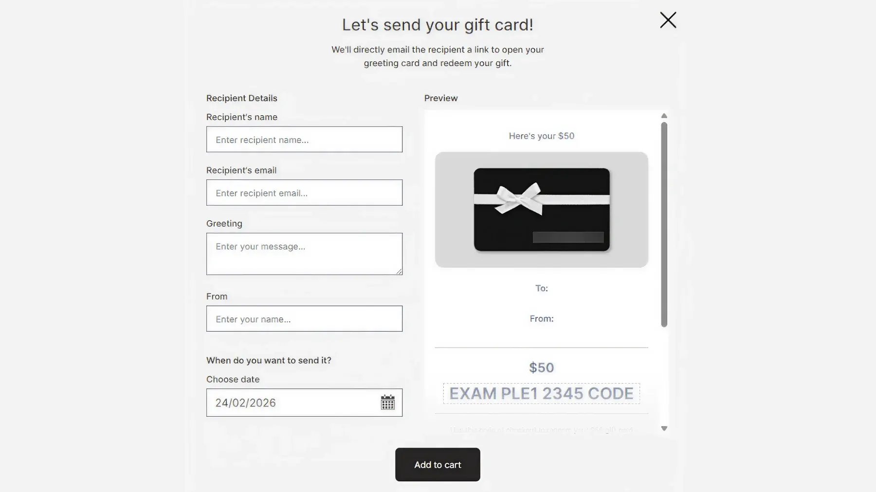 Go Gift Cards popup on a Shopify store with a recipient details form and a live preview of a $50 digital gift card