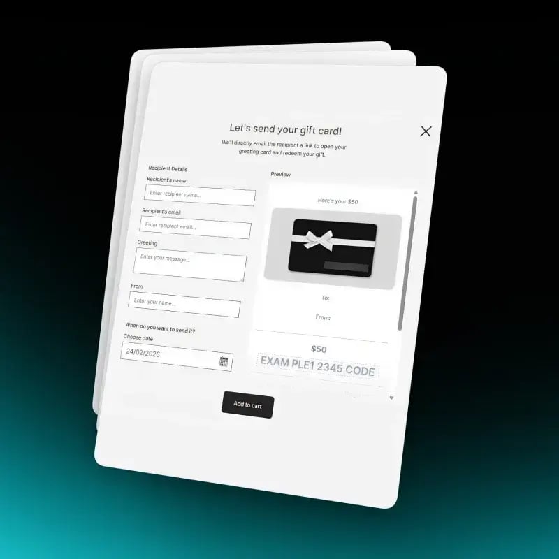 Shopify digital gift card purchase modal with a recipient form and a $50 gift card preview ready to send